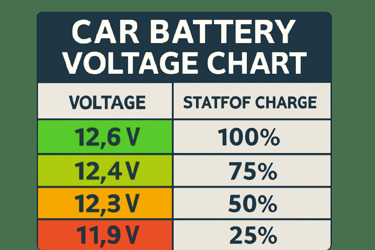 Digital voltmeter reading 12.0 volts connected to a car battery