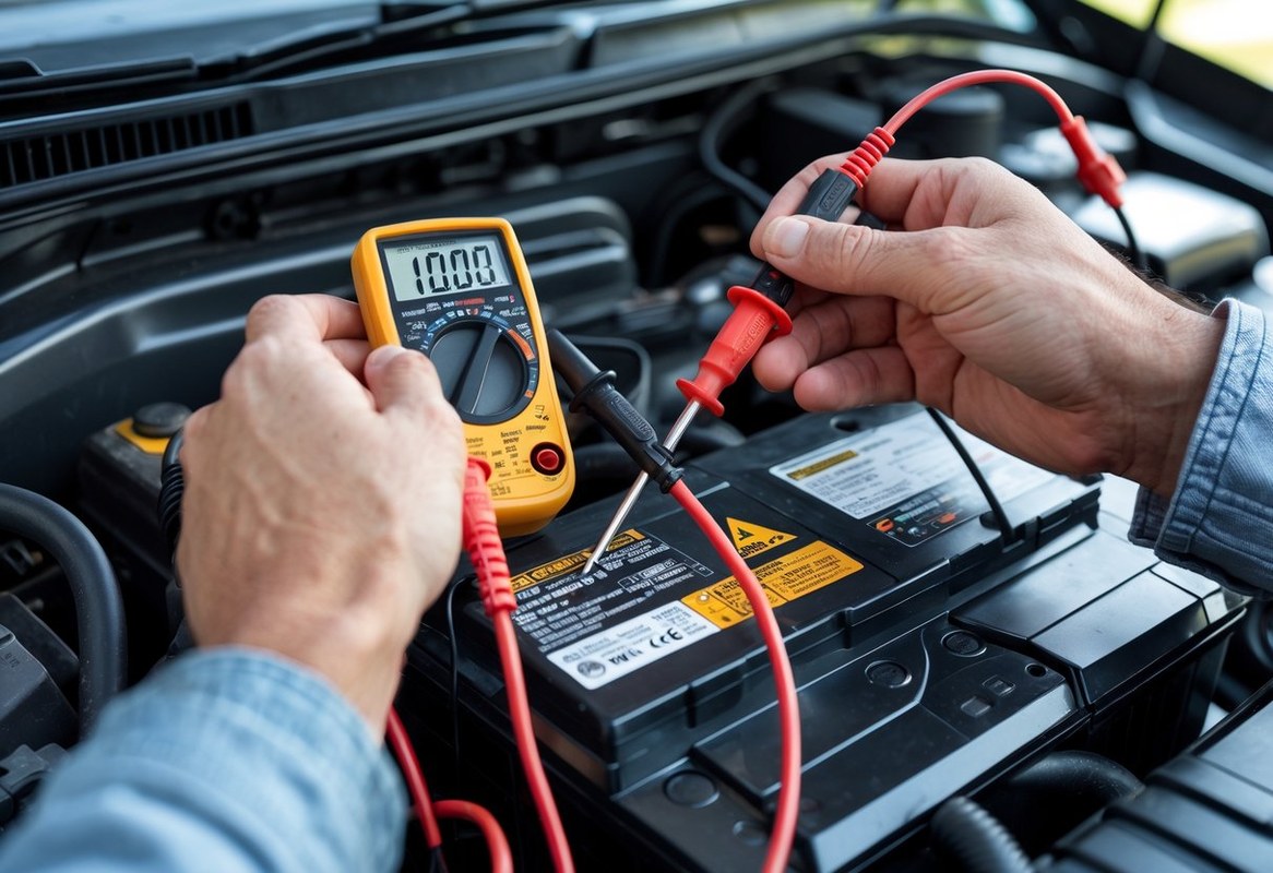 Digital multimeter probes on car battery terminals measuring voltage