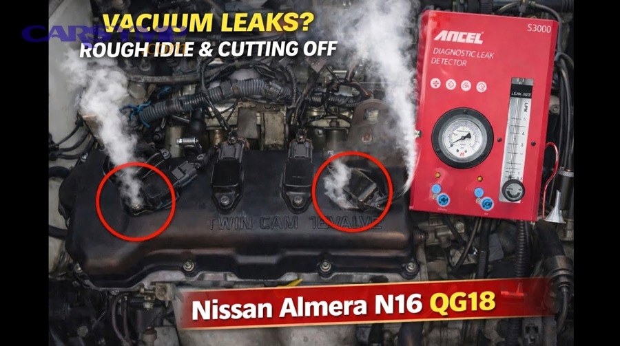 Technician inspecting engine vacuum hoses for leaks that cause unmetered air
