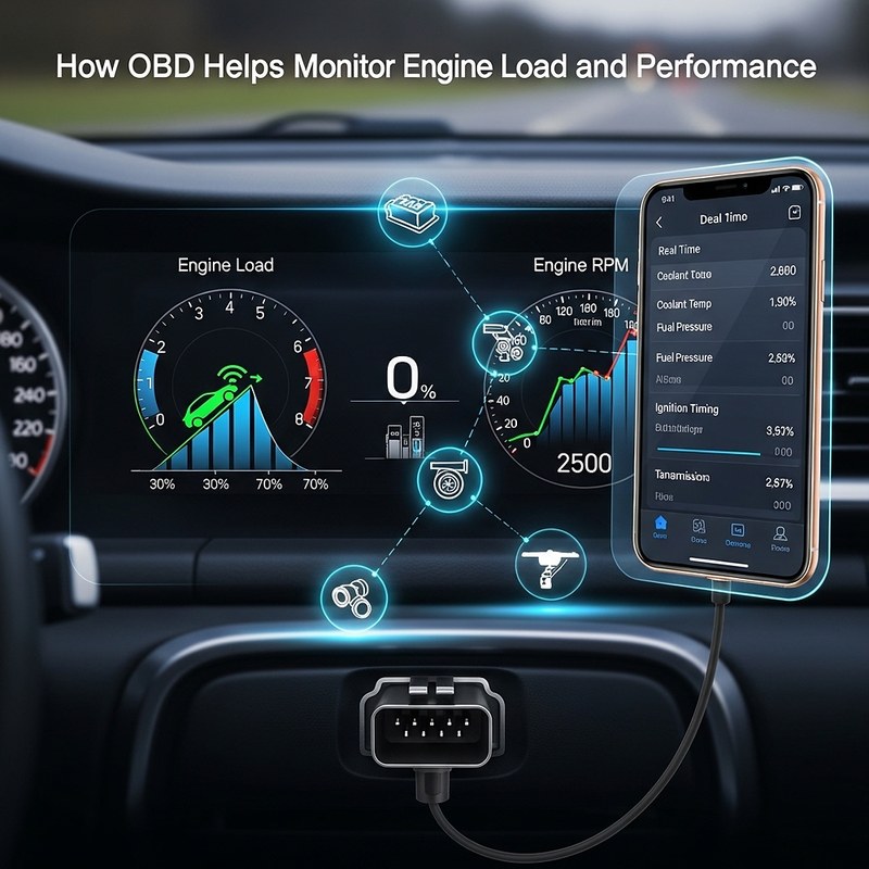 OBD2 diagnostic scanner displaying engine load percentage on its live data screen