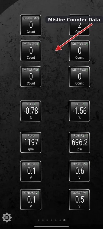 OBD2 scanner screen displaying cylinder misfire counts during engine diagnostic testing