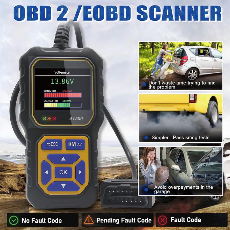 OBD2 scanner screen showing live voltage reading of 14.0 volts from vehicle diagnostics