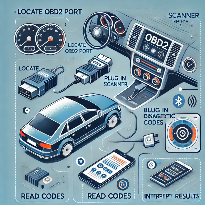 OBD2 port under dashboard with scanner plugged in, ignition in ON mode