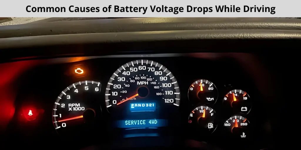 Diagram of seven common causes of car battery voltage drop while driving, such as alternator failure and parasitic drain.