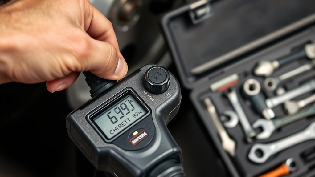 Digital tire inflator gauge showing pressure reading on a car tire